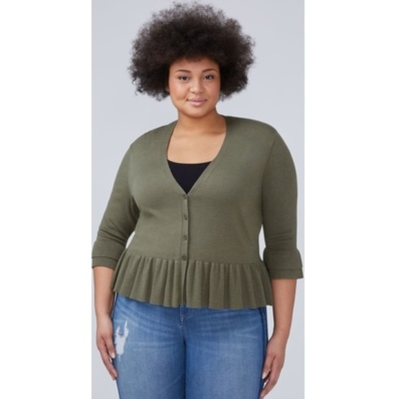Lane Bryant Sweaters - Lane Bryant ruffle-sleeve cardigan in olive green